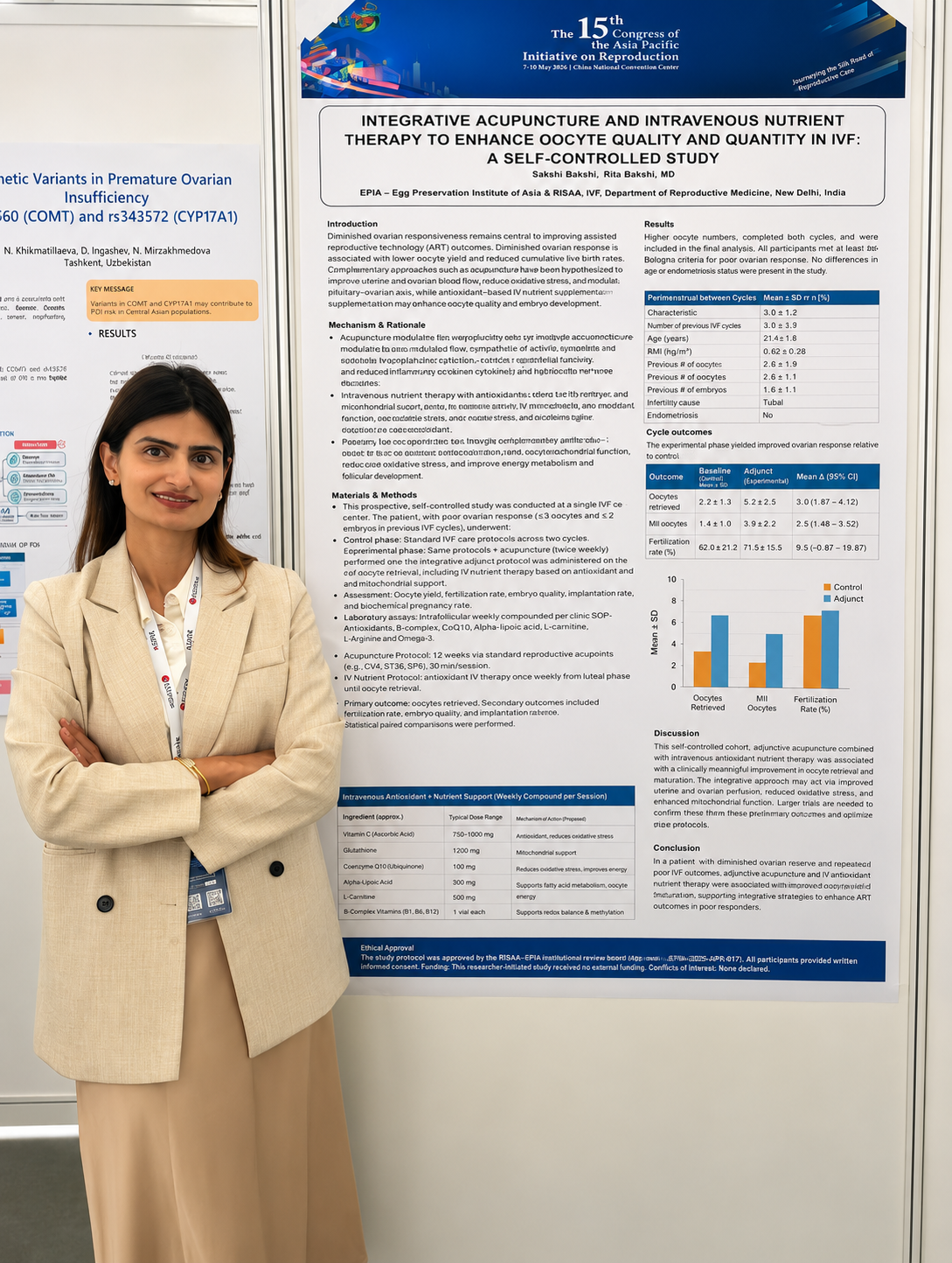 EPIA researcher beside the integrative fertility therapy poster at ASPIRE