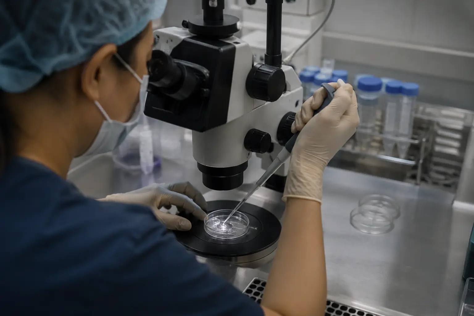 Embryologist using a microscope